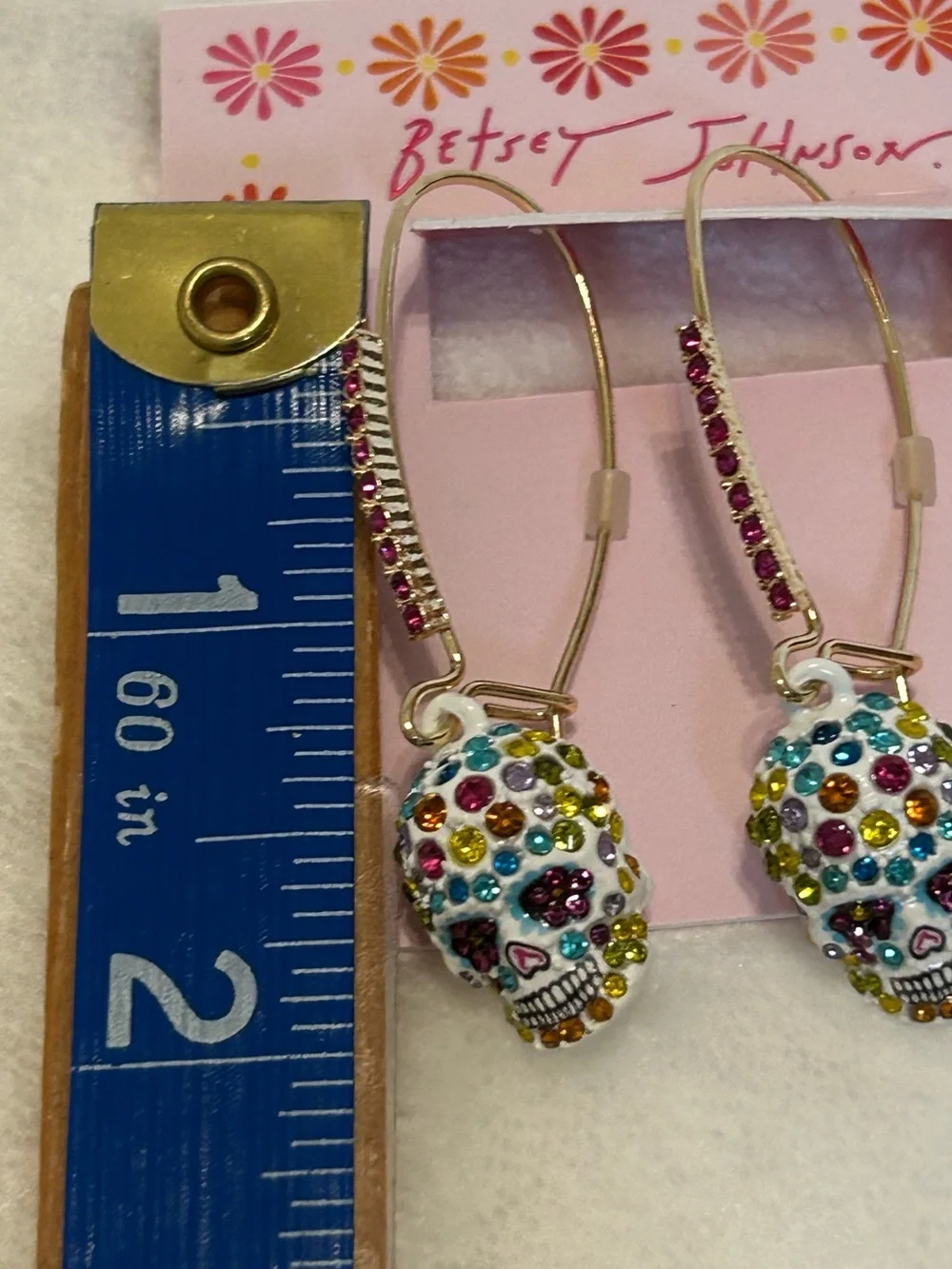 Betsey Johnson Sugar Skull Crystal Drop Hoop Earrings NWT